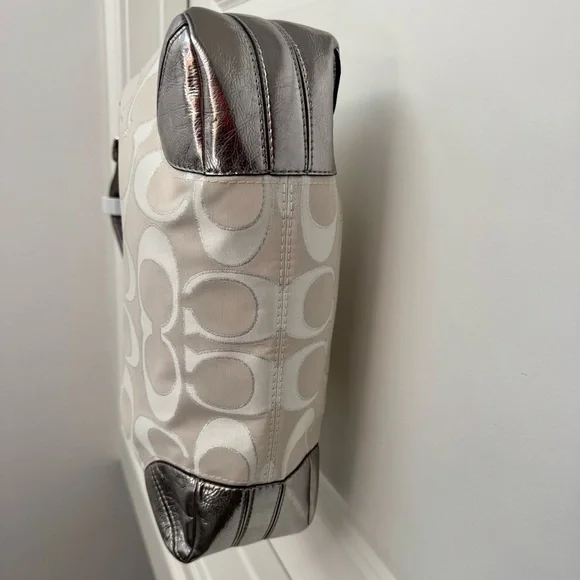 Coach Peyton White Canvas C Monogram Metallic Silver Leather Hobo Bag - Picture 5 of 5